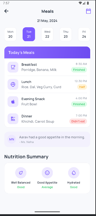 The daily meal log in the Kribble app